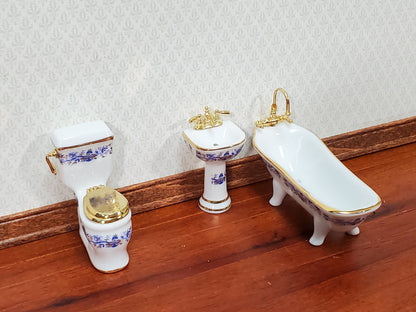 Dollhouse HALF SCALE Bathroom Set Reutter Porcelain Tub Toilet Sink 1:24 Miniatures Blue & Gold