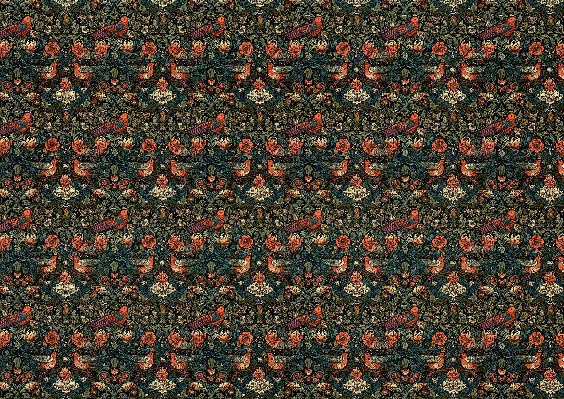Dollhouse Victorian Wallpaper Dark Green Red Birds 3 Sheets 1:12 Scale Miniature