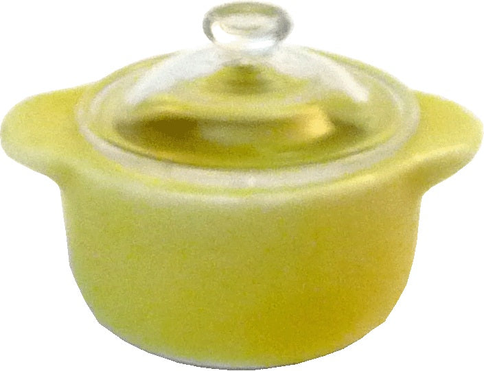 Dollhouse Small Stock Soup or Bean Pot with Lid Yellow Ceramic 1:12 Scale