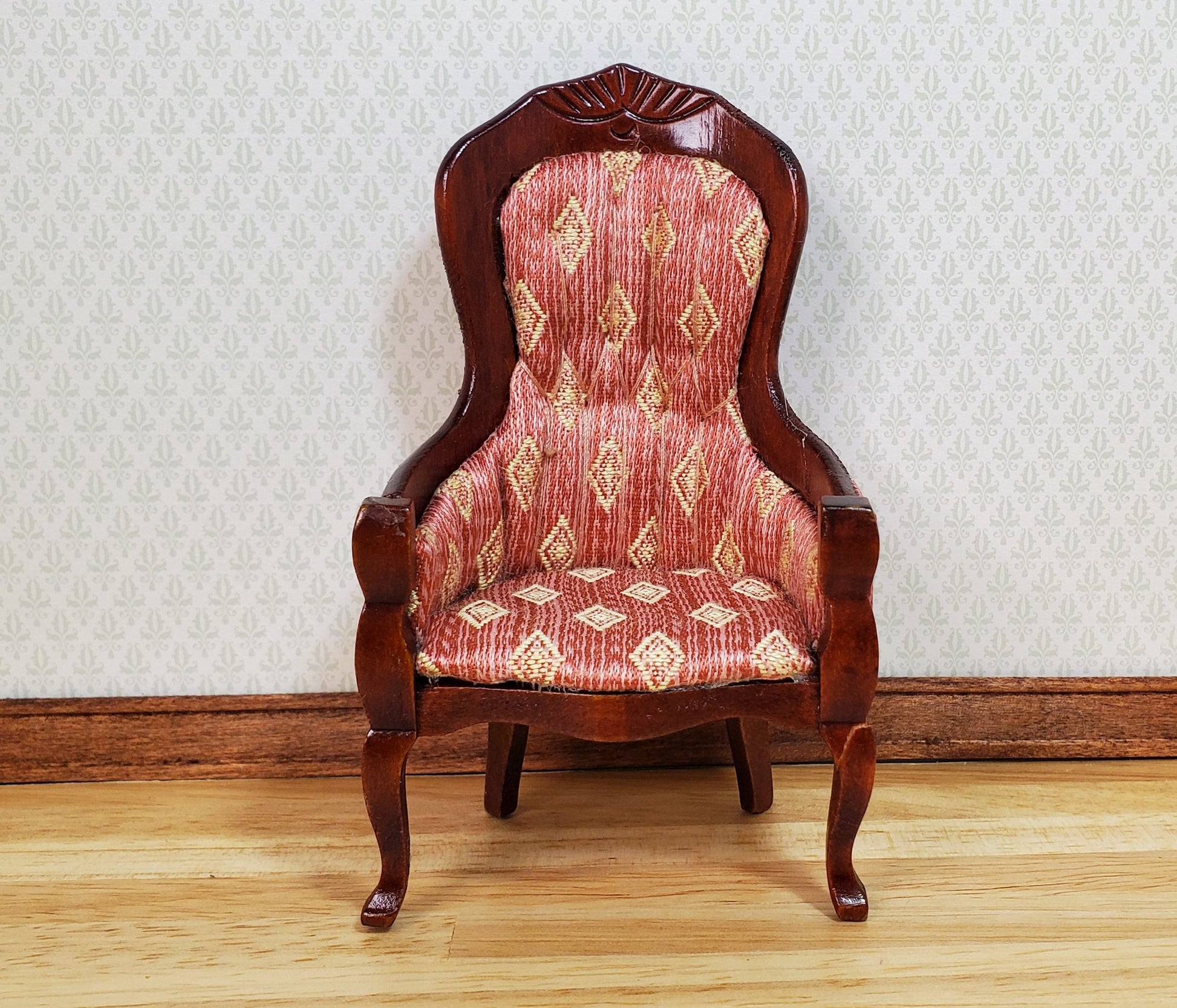Dollhouse Victorian Gentleman's Chair Dark Pink 1:12 Scale Miniature Furniture