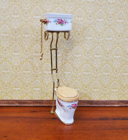Reutter's Dollhouse Toilet High Tank Vintage Style Porcelain 1:12 Scale Dresden Rose Pattern