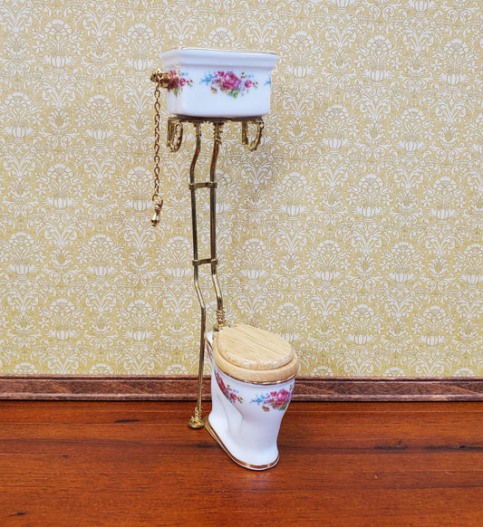 Reutter's Dollhouse Toilet High Tank Vintage Style Porcelain 1:12 Scale Dresden Rose Pattern