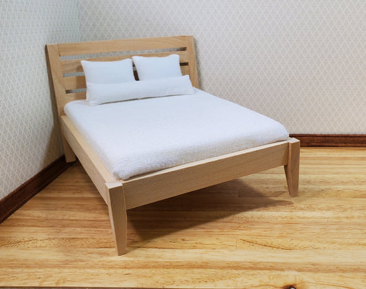 Dollhouse Double Bed Modern Style 1:12 Scale Miniature Wood Unpainted Furniture
