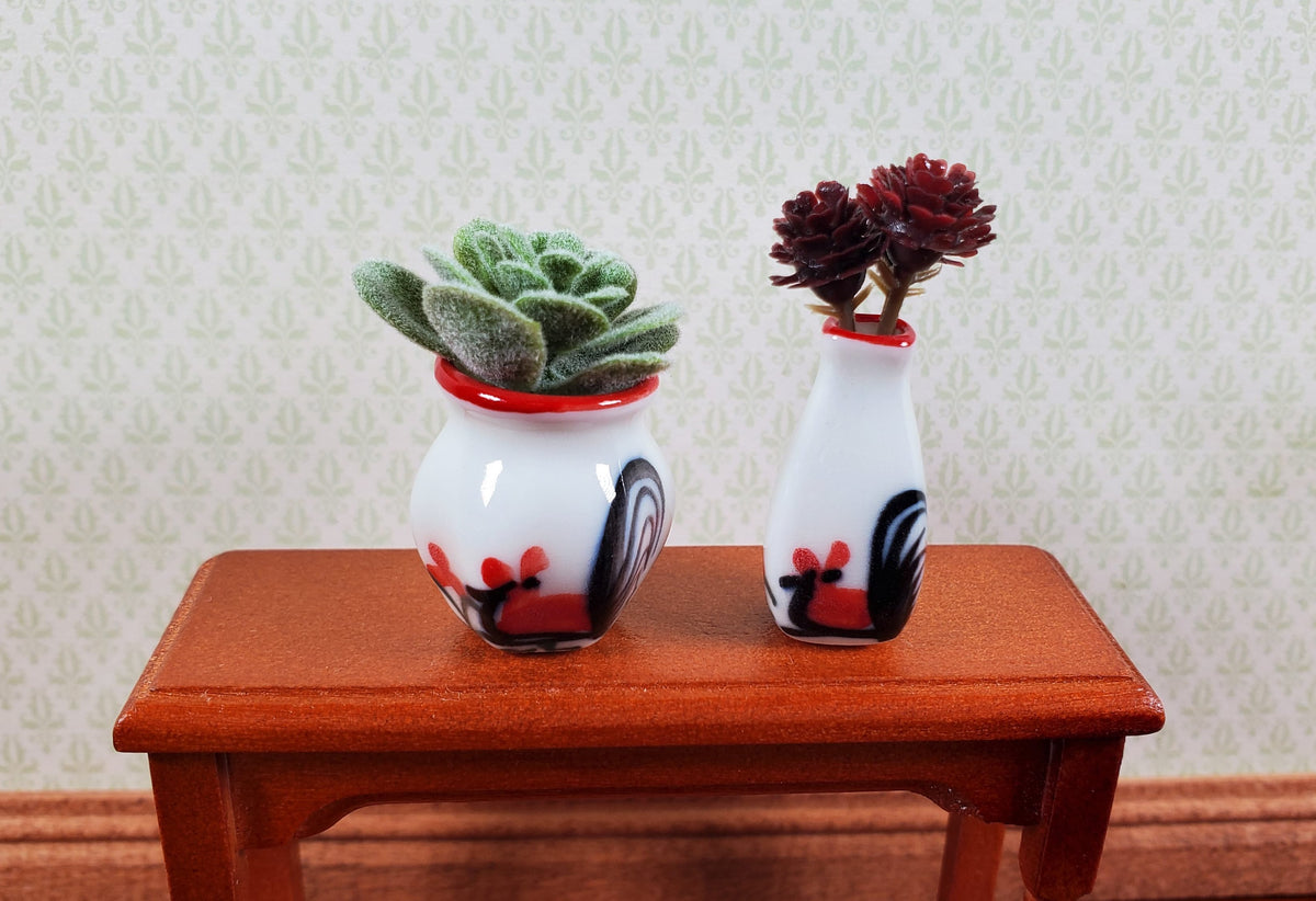 Dollhouse White Ceramic Vases Rooster Motif x2 1:12 Scale Miniature
