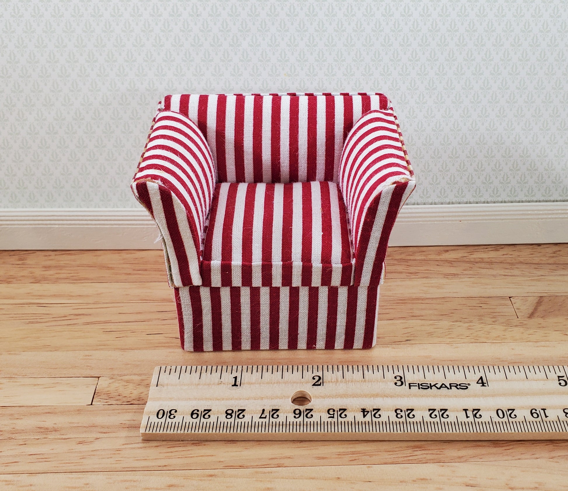 Dollhouse Club Chair Red & White Wide Striped Modern Style 1:12 Scale Furniture