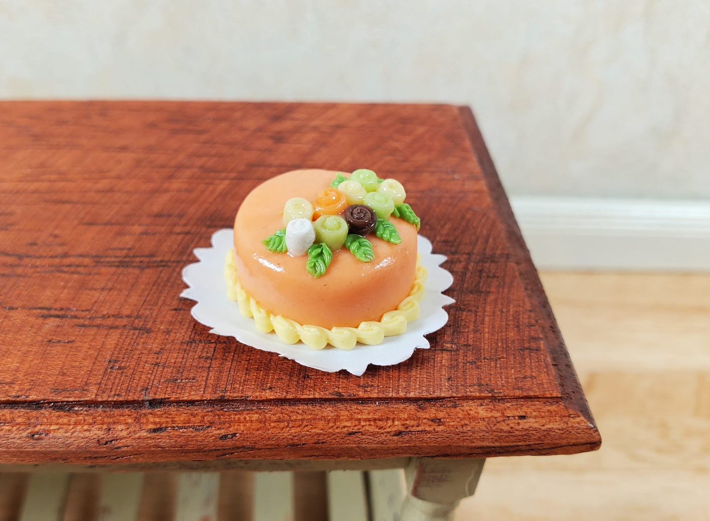 Dollhouse Orange Iced Cake with Rose Decoration 1:12 Scale Miniature Dessert