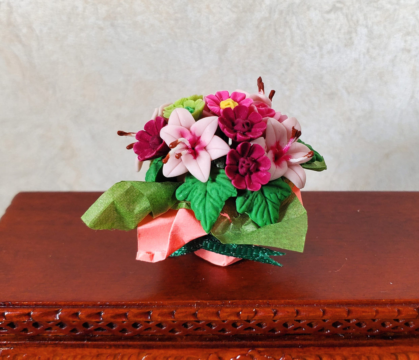 Dollhouse Miniature Magenta Floral Arrangement in Pink Wrapper 1:12 Scale