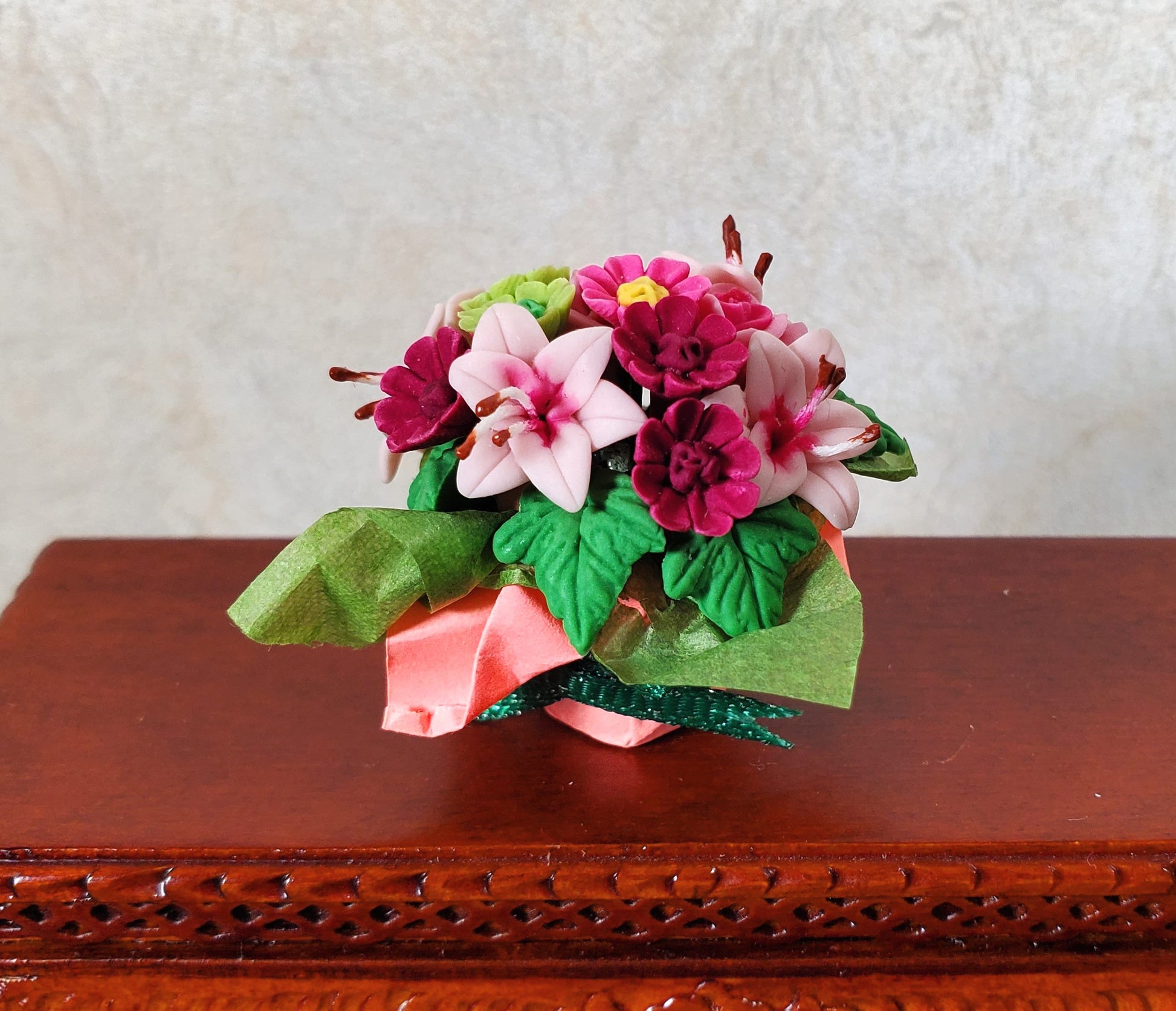 Dollhouse Miniature Magenta Floral Arrangement in Pink Wrapper 1:12 Scale