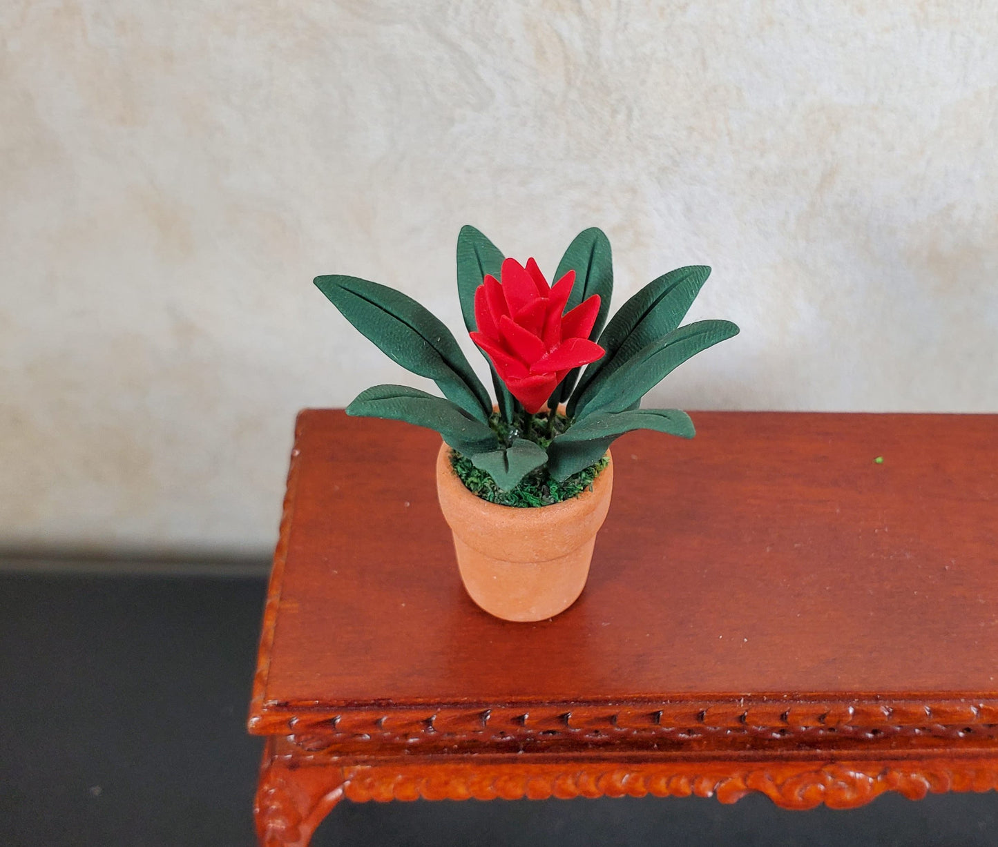 Dollhouse Bromeliad with Red Flower in Terra Cotta Pot 1:12 Scale Miniature