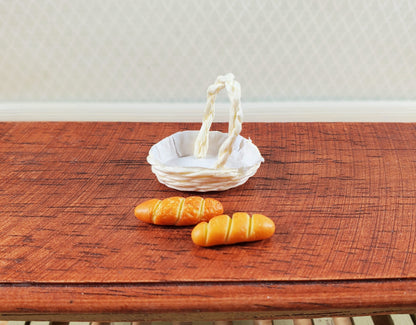 Dollhouse 2 Small Loaves of Bread in a White Basket 1:12 Scale Miniature