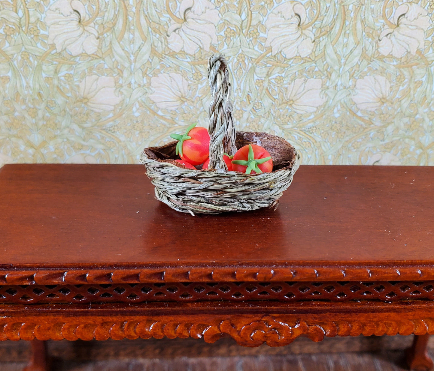 Dollhouse Dark Colored Oval Woven Basket with Handle 1:12 Scale Miniature