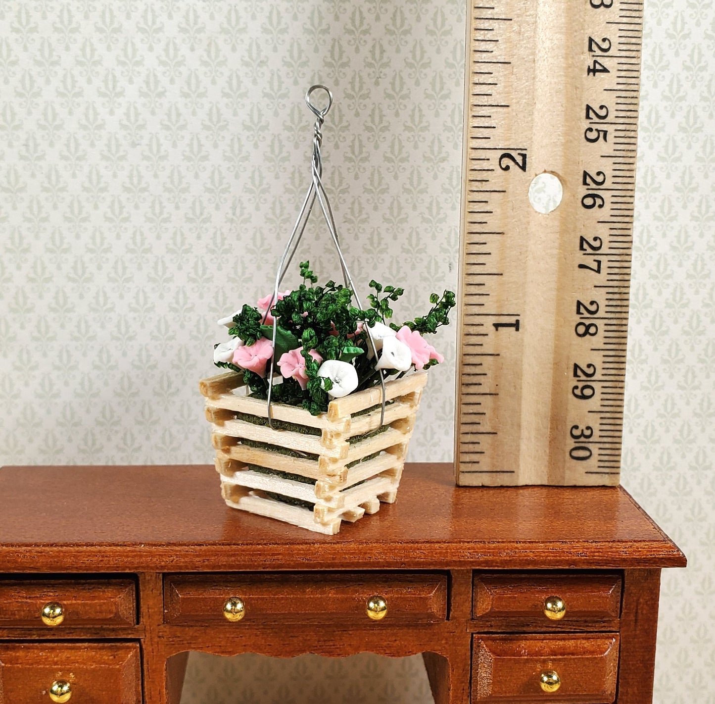 Dollhouse Pink & White Flowers in a Wood Hanging Planter 1:12 Scale Miniature
