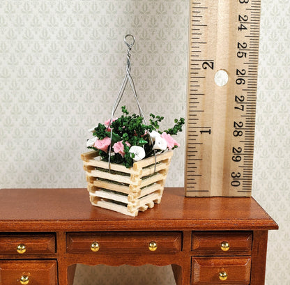 Dollhouse Pink & White Flowers in a Wood Hanging Planter 1:12 Scale Miniature