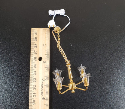 Dollhouse 4 Arm Chandelier Light Clear Tulip Shades 12 Volt with Plug 1:12 Scale