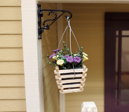 Dollhouse Yellow & Lavender Flowers in Wood Hanging Basket 1:12 Scale Miniature