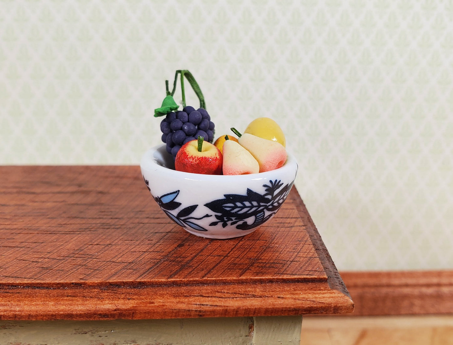 Dollhouse Large Serving Bowl Ceramic Blue White Floral 1:12 Scale Miniature