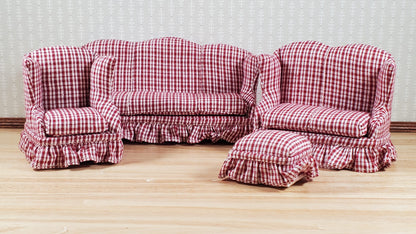 Dollhouse Living Room Set 4 pc Burgundy Plaid 1:12 Scale Miniature Furniture