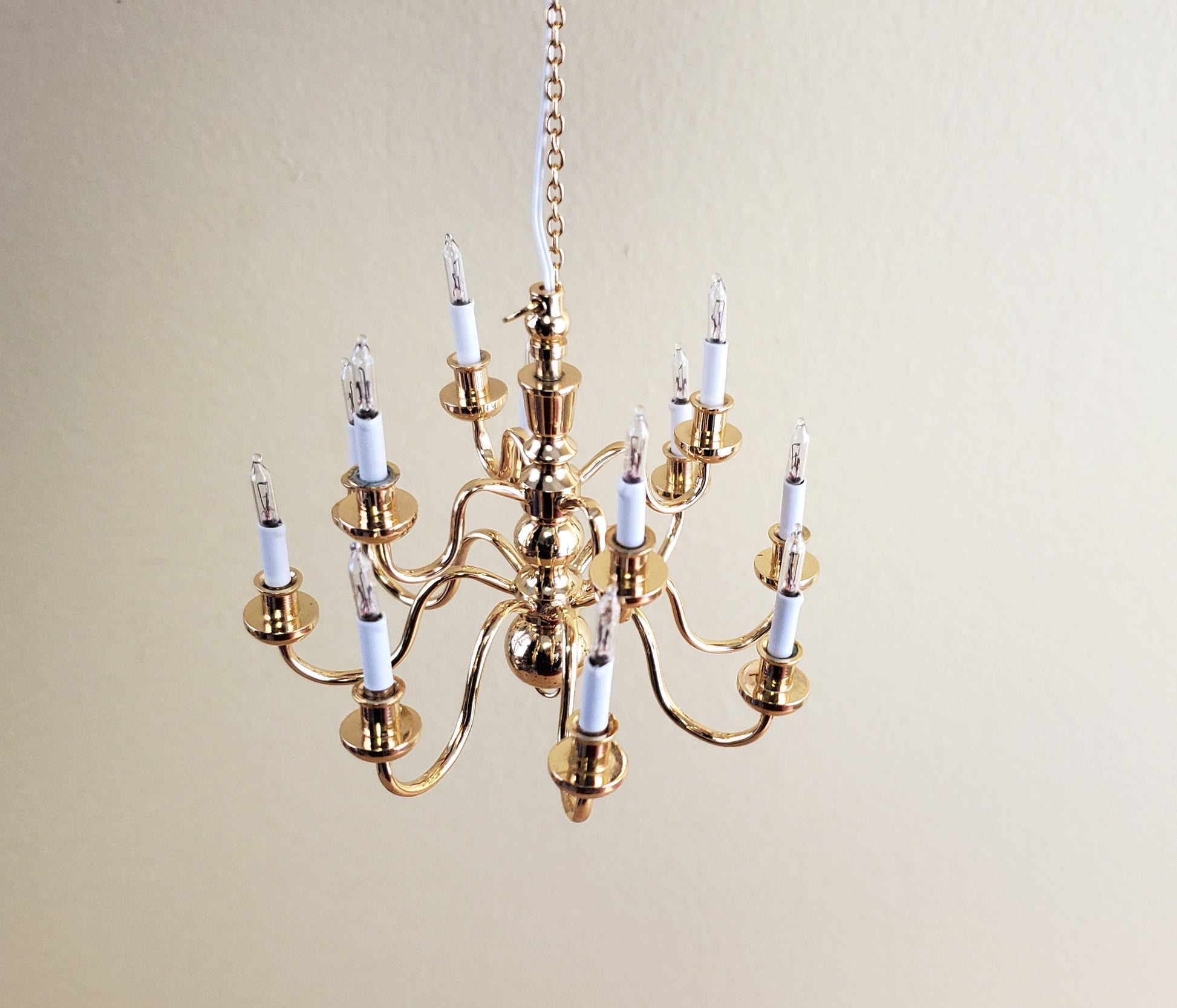 Dollhouse Miniature Hanging Chandelier Large 12 Arm Candle 12 Volt Electric GOLD 1:12 or 1/6 Scale
