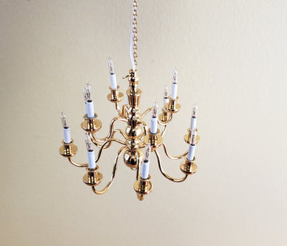 Dollhouse Miniature Hanging Chandelier Large 12 Arm Candle 12 Volt Electric GOLD 1:12 or 1/6 Scale