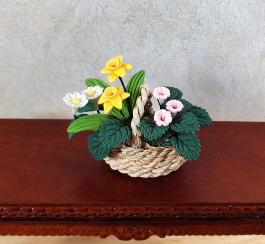 Dollhouse Assorted Spring Flowers in a Natural Fiber Basket 1:12 Scale Miniature