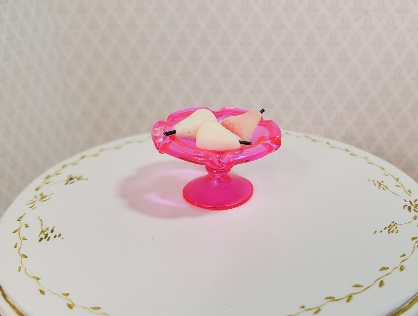 Dollhouse Fluted Bright Pink Pedestal Glass Platter 1:12 Scale Miniature