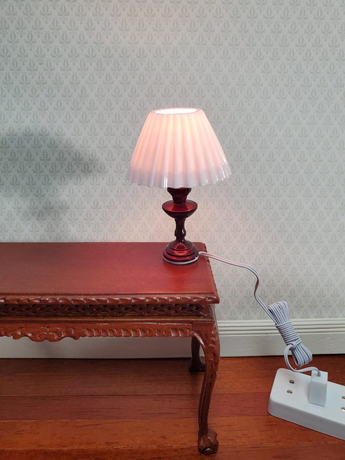 Dollhouse Miniature Table Lamp White Shade Bronze Base 1:12 Scale 12 volt with Plug
