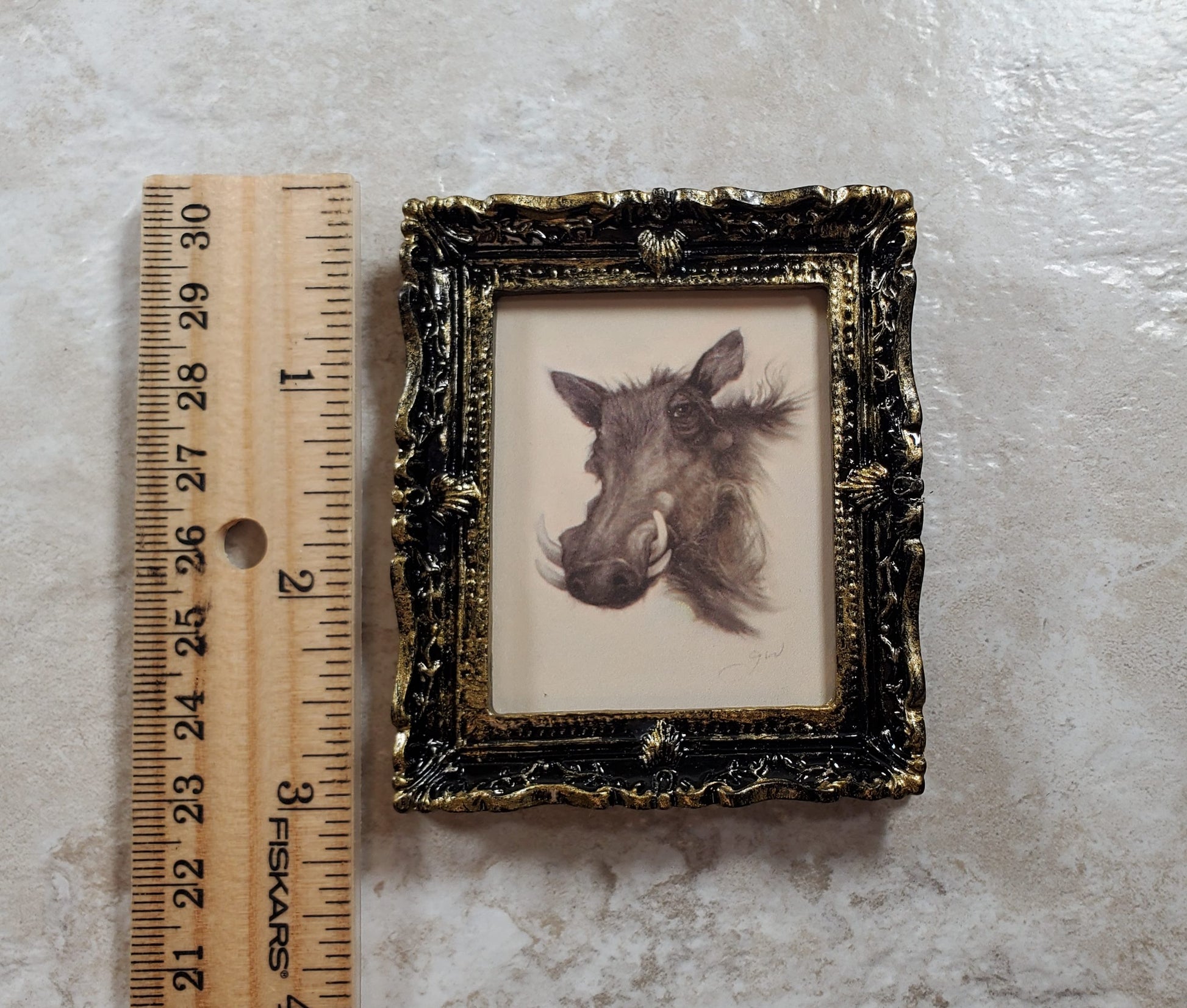 Miniature Warthog Framed Print from Original Charcoal 1:12 Scale Dollhouse