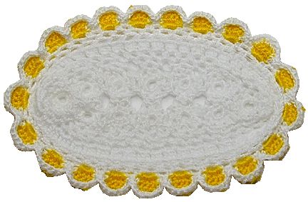 Dollhouse Hand Crocheted Oval Doily Rug White Yellow Trim 1:12 Scale Miniature