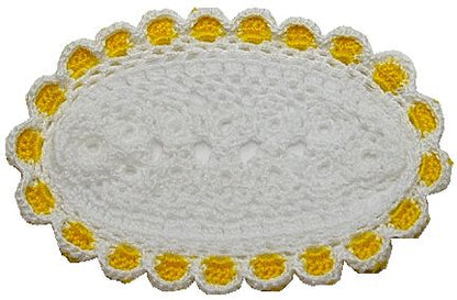 Dollhouse Hand Crocheted Oval Doily Rug White Yellow Trim 1:12 Scale Miniature