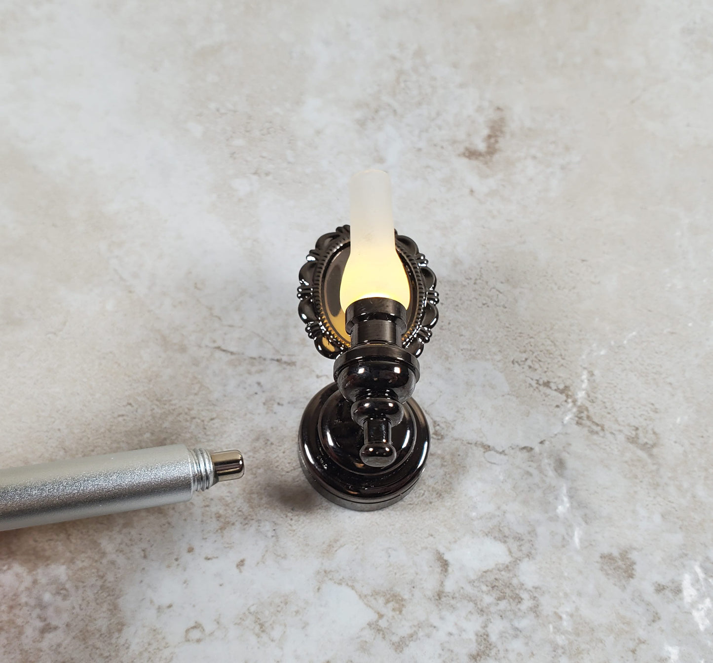 Dollhouse Large Black Chrome Wall Sconce Wand Operated 1:12 Scale Miniature