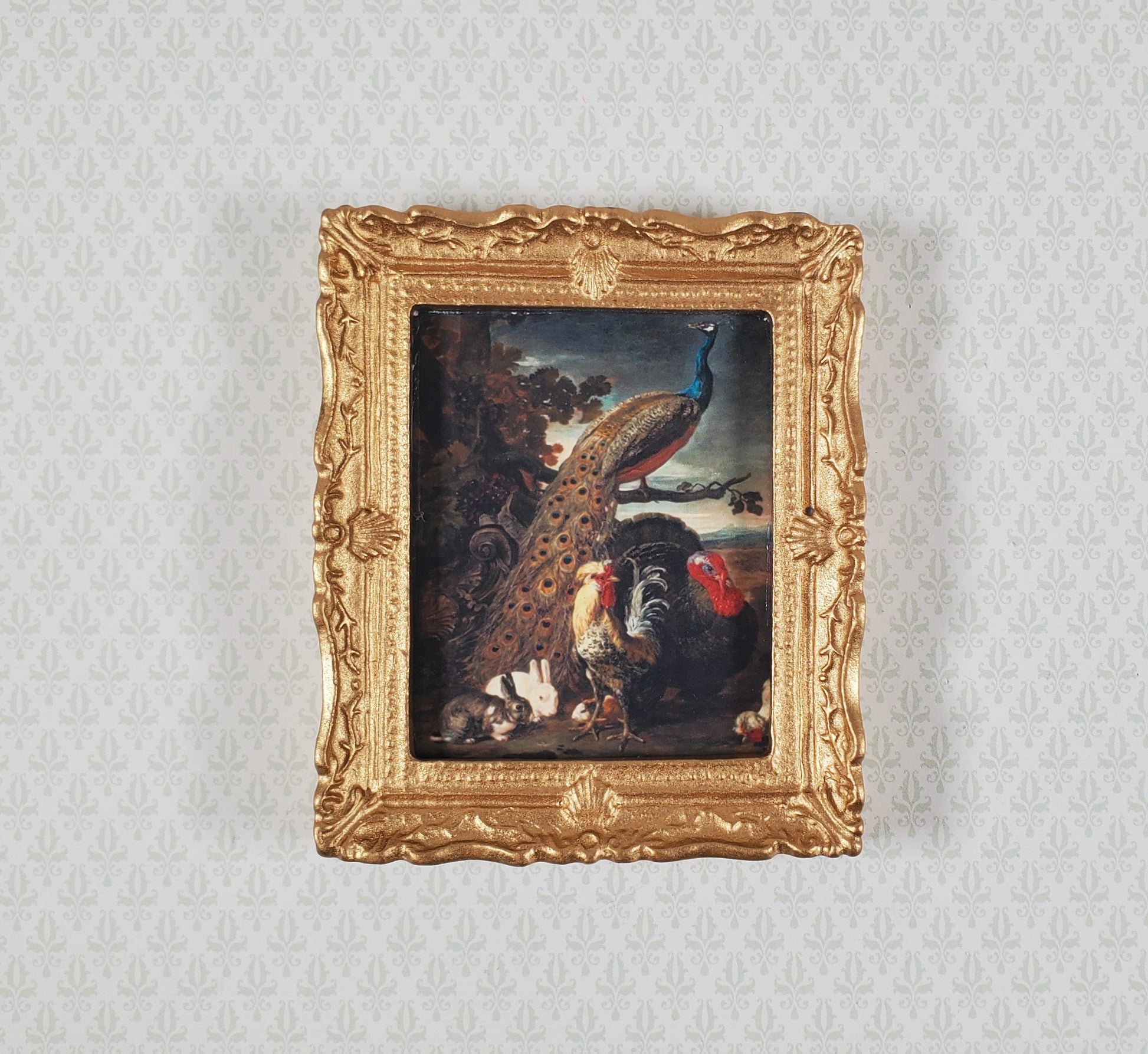 Miniature Framed Peacock Print with Roosters Rabbits 1:12 Scale for Dollhouse