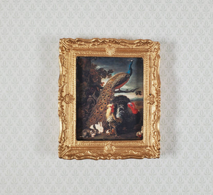 Miniature Framed Peacock Print with Roosters Rabbits 1:12 Scale for Dollhouse
