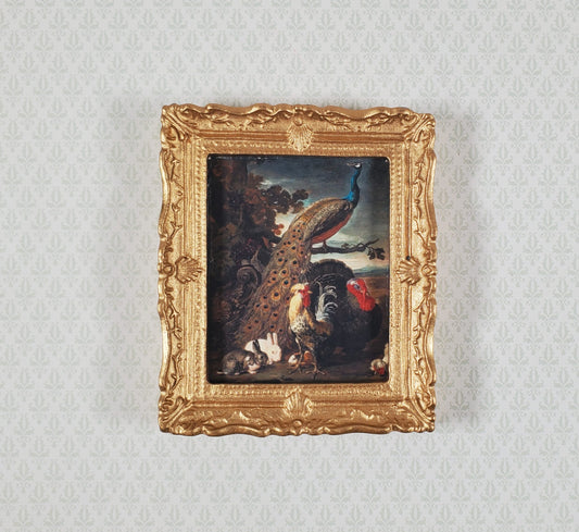 Miniature Framed Peacock Print with Roosters Rabbits 1:12 Scale for Dollhouse