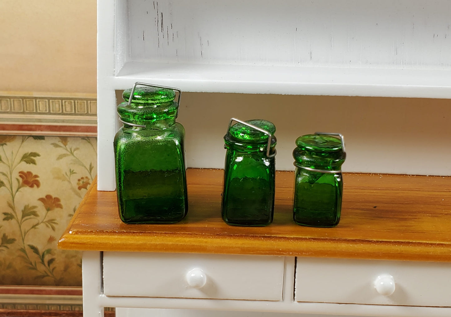 Dollhouse Extra Large Square Glass Canning Jars Set of 3 Green 1:12 Scale