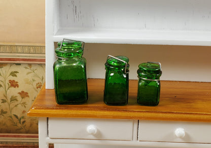 Dollhouse Extra Large Square Glass Canning Jars Set of 3 Green 1:12 Scale