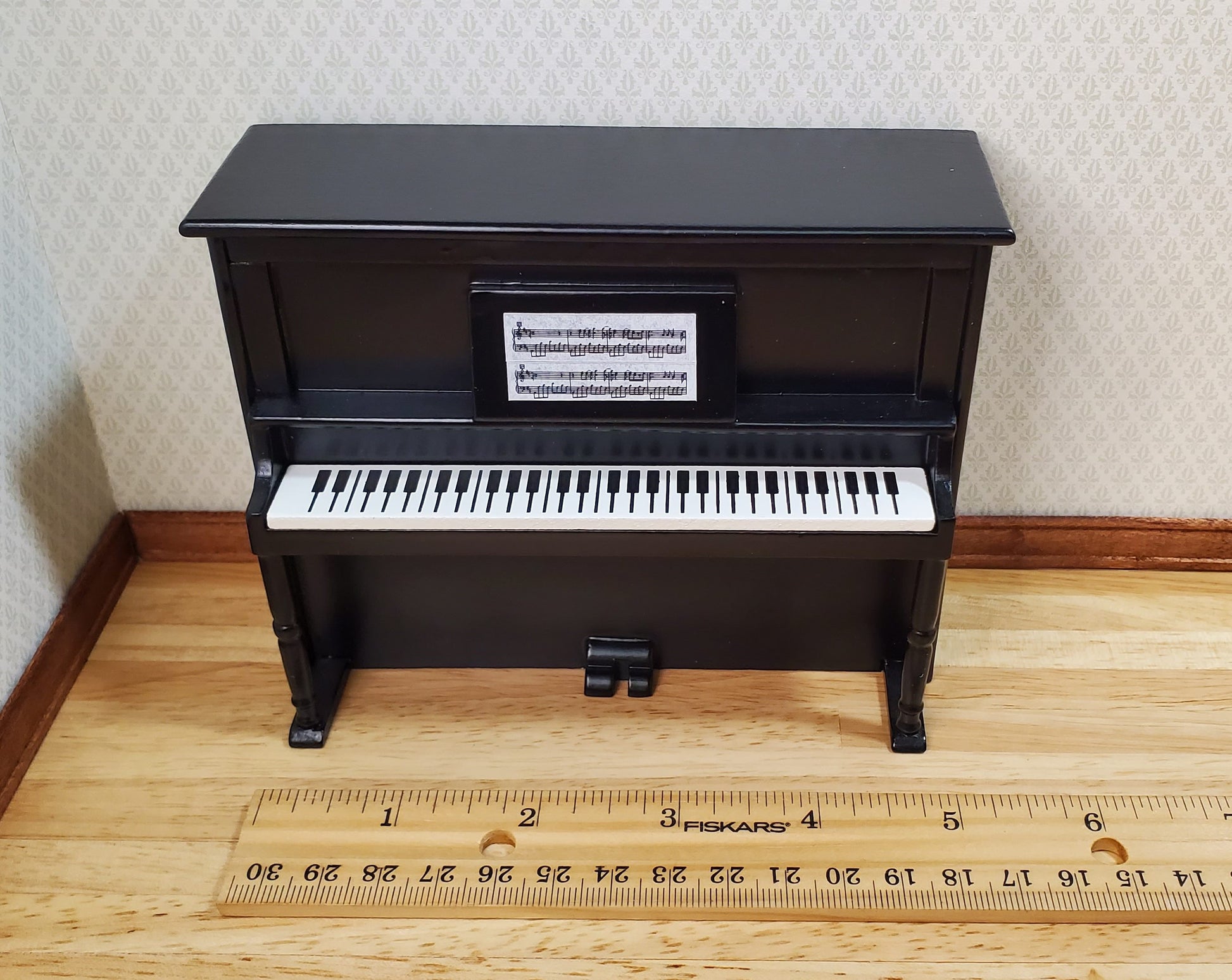 Miniature Upright Piano with Bench Seat Wood 1:12 Scale Dollhouse Black Finish