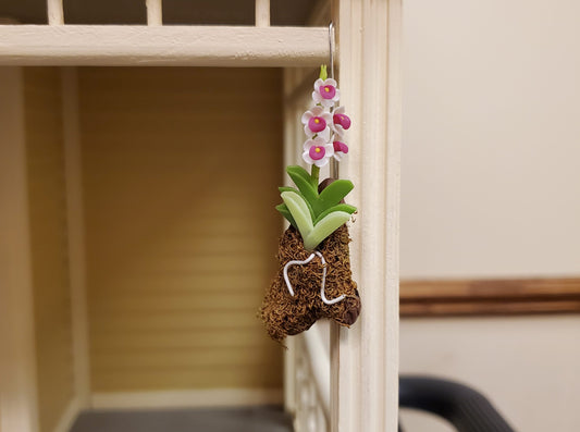 Dollhouse Hanging Orchid White Purple Bark & Moss Flowering Plant 1:12 Scale