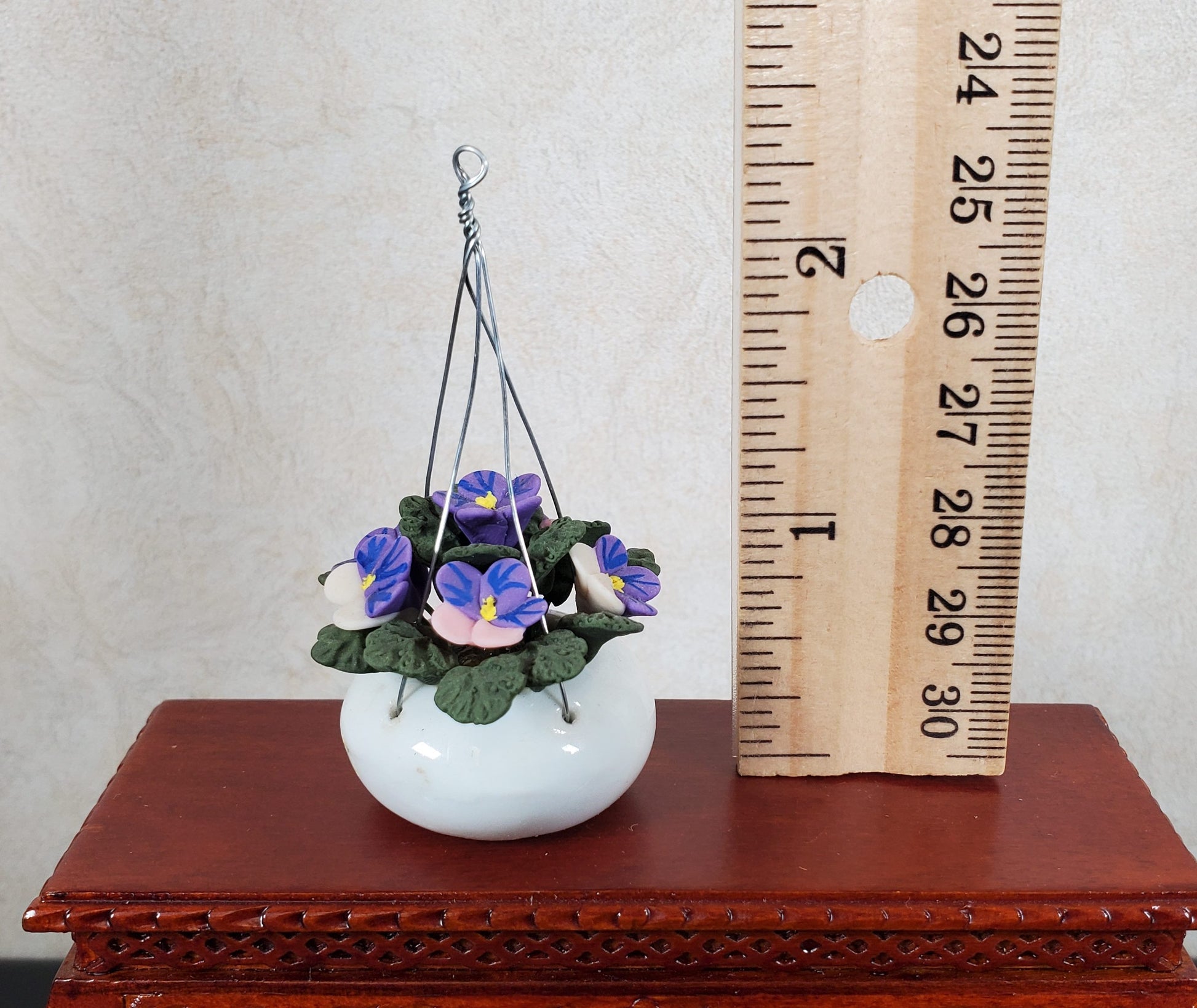 Dollhouse Purple Pansies in a Hanging White Planter 1:12 Scale Miniature Garden