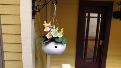 Dollhouse Pastel Flowers in a Hanging White Planter 1:12 Scale Miniature Garden