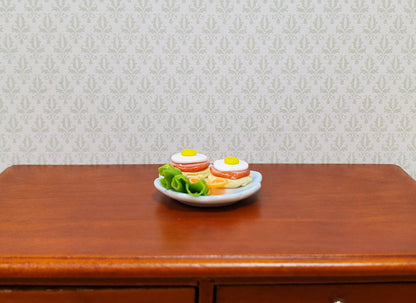 Dollhouse Fried Eggs on Ham & Muffin on a Ceramic Plate 1:12 Scale Miniature