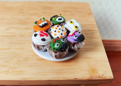 Dollhouse Plate of Halloween Theme Cupcakes on Ceramic Plate 1:12 Scale