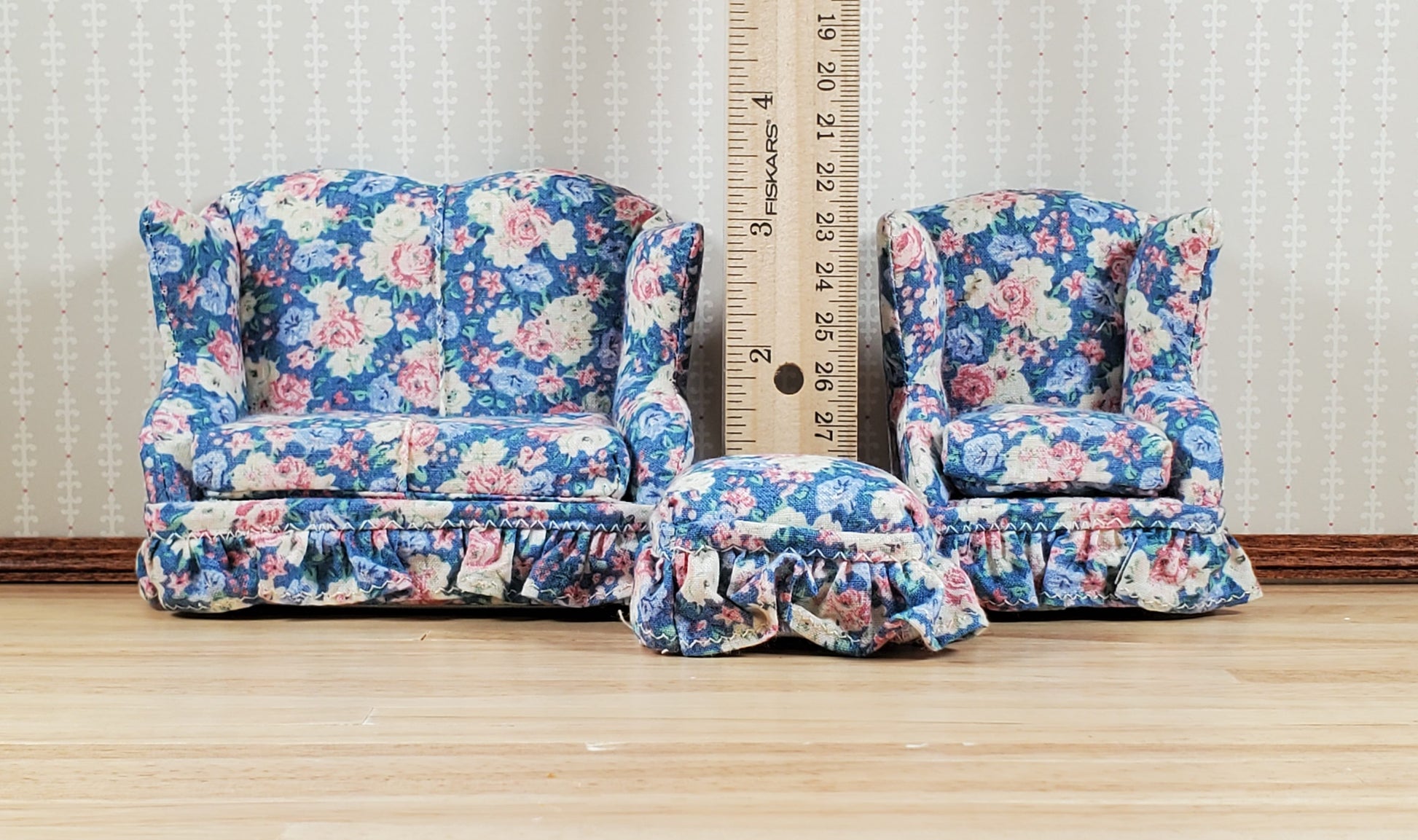 Dollhouse Small Sofa Chair Ottoman Pastel Floral 1:12 Scale Miniature Furniture