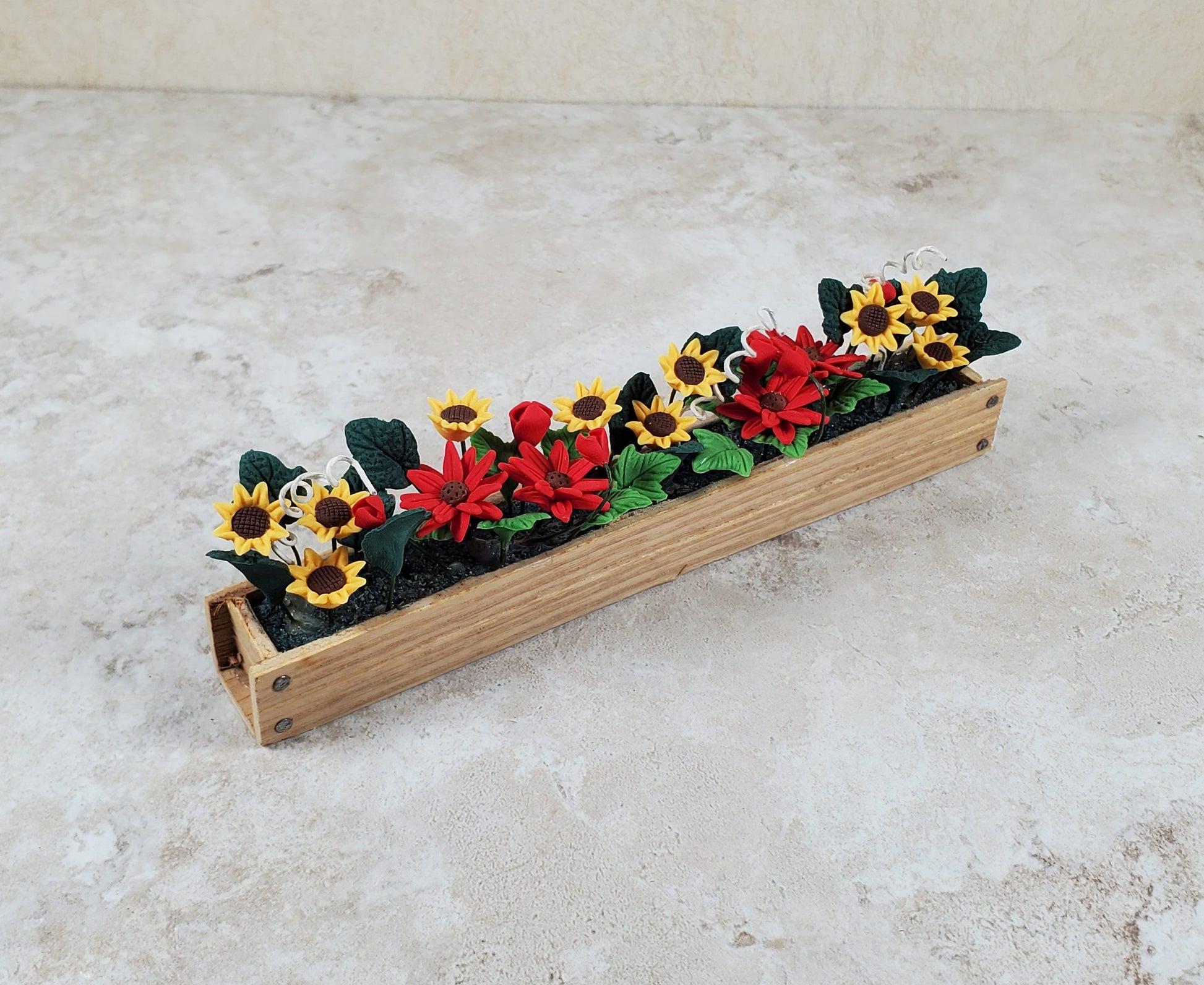 Dollhouse Summer Flowers in a 5.5" Wood Window Box Planter 1:12 Scale Miniature