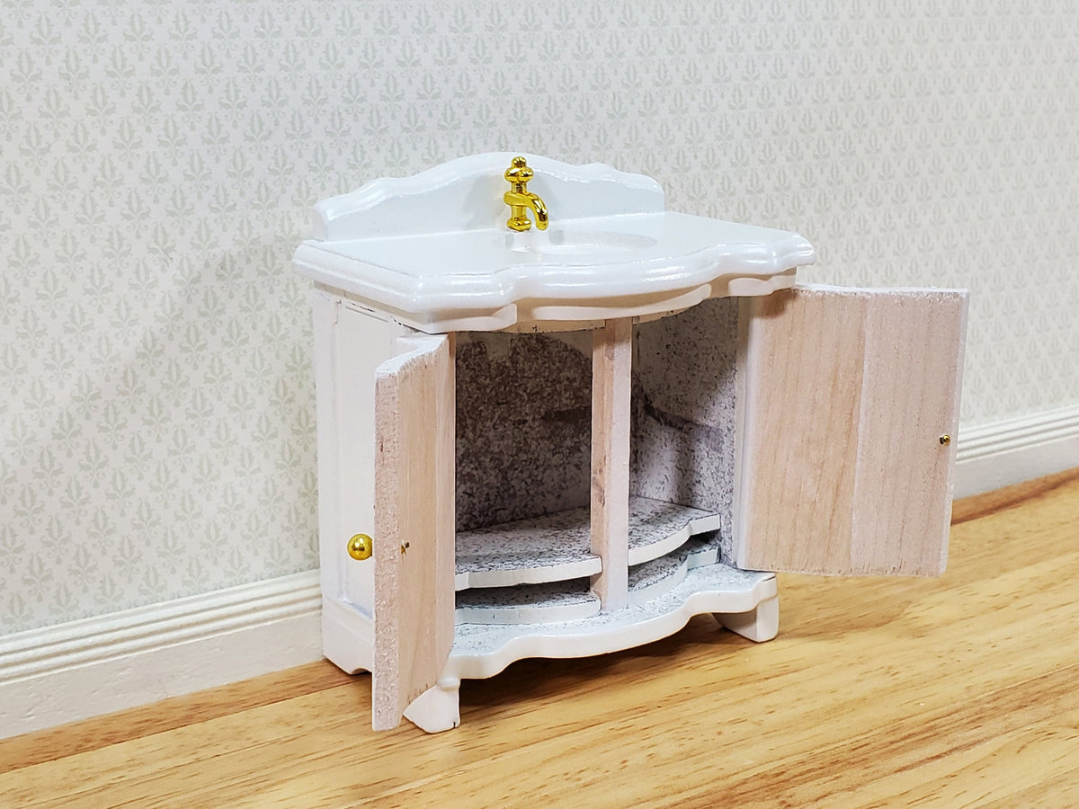Dollhouse Bathroom Sink Cabinet in White Opening Doors 1:12 Scale Miniature Furniture