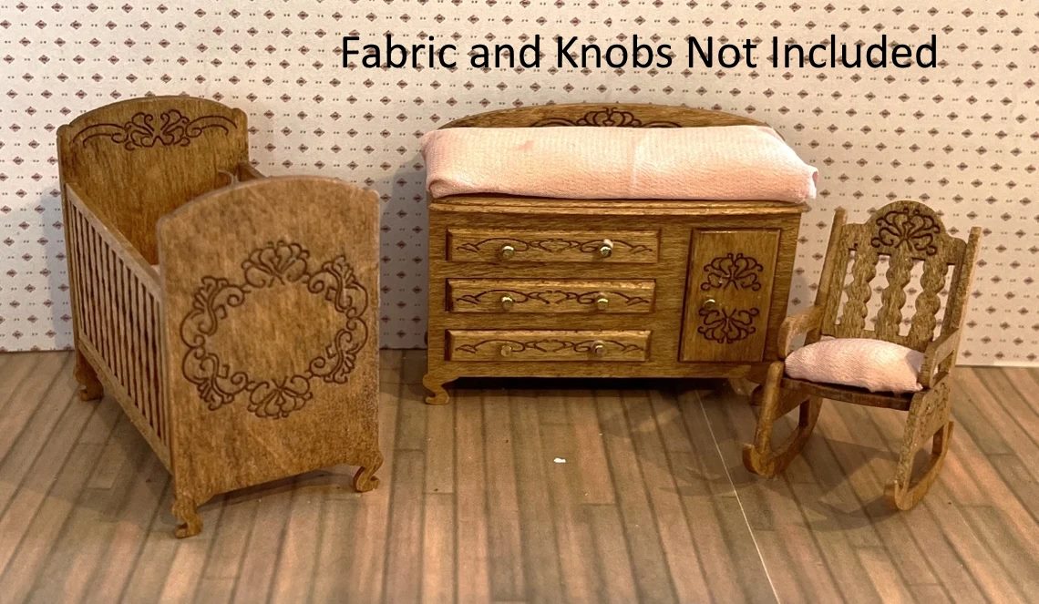 Dollhouse HALF SCALE Furniture KIT Victorian Nursery Set Crib Rocking Chair 1:24