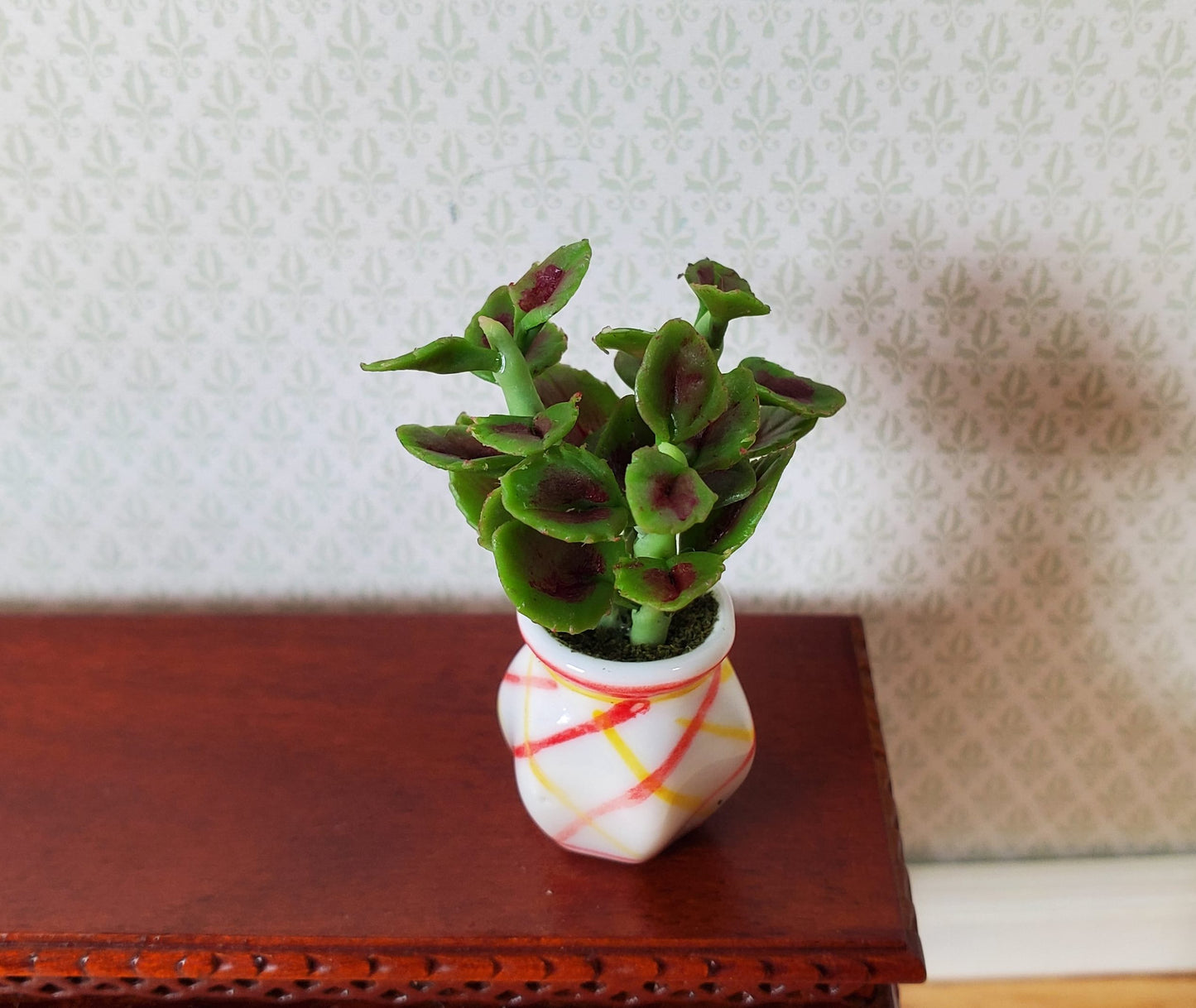 Dollhouse Variegated Coleus Plant in a Striped White Pot 1:12 Scale Miniature