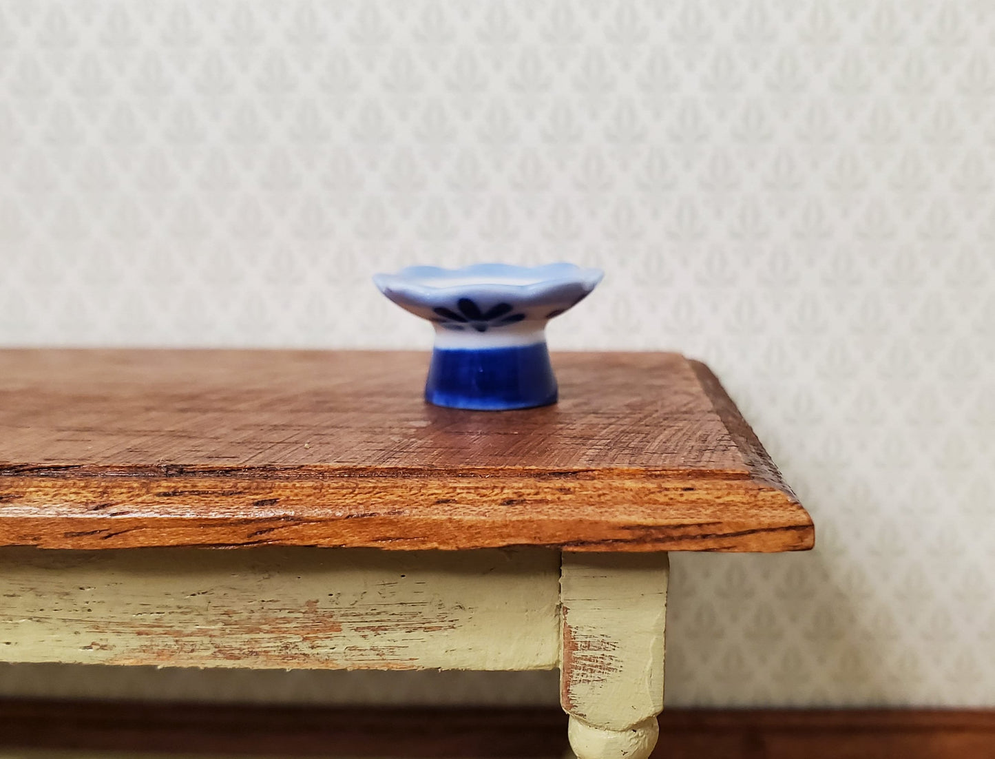 Dollhouse Miniature Pedestal Serving Bowl Blue & White Ceramic 1:12 Scale Decor