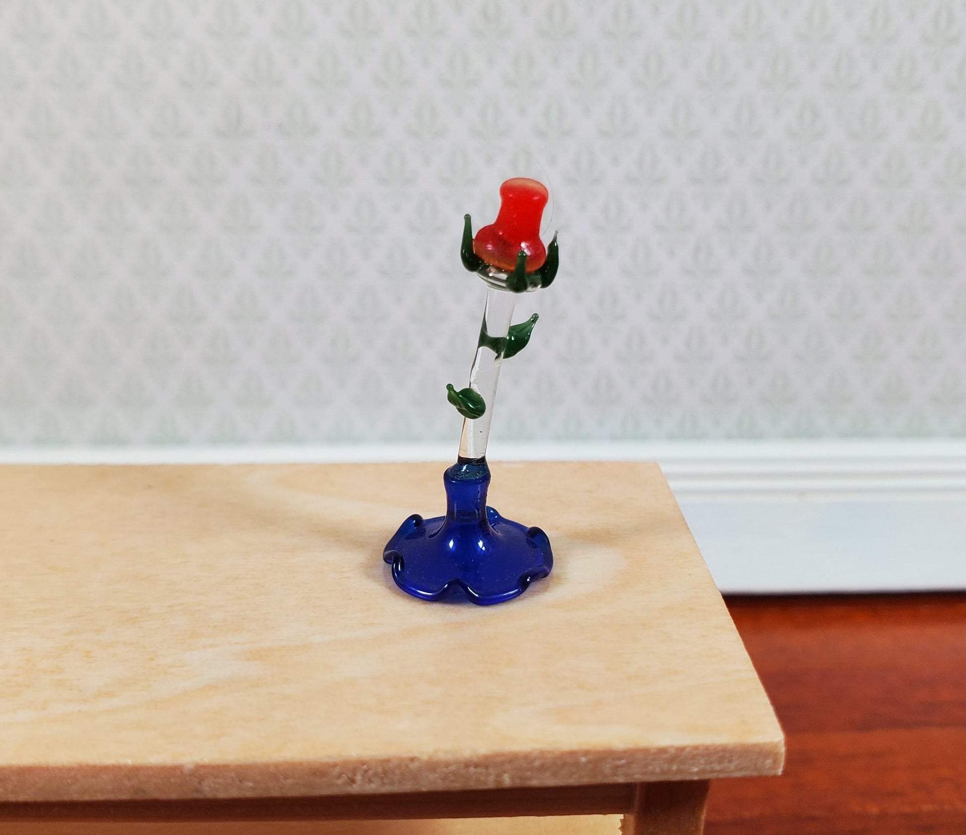 Dollhouse Tall Glass Rose Centerpiece Sculpture Blue Base 1:12 Scale Miniature