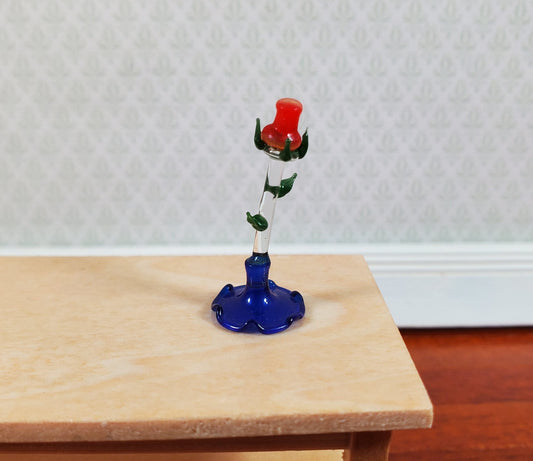 Dollhouse Tall Glass Rose Centerpiece Sculpture Blue Base 1:12 Scale Miniature