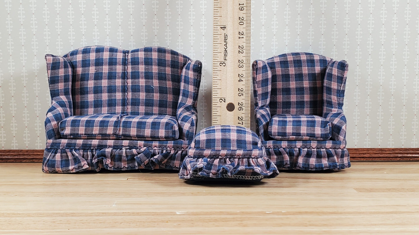 Dollhouse Small Sofa Chair Ottoman Navy & Pink Plaid 1:12 Scale Miniature Furniture